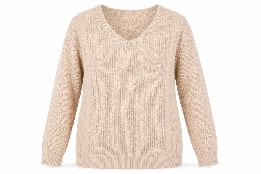 Boohoo Women Beige V-Neck Cable Knit Pullover Jumper Size M