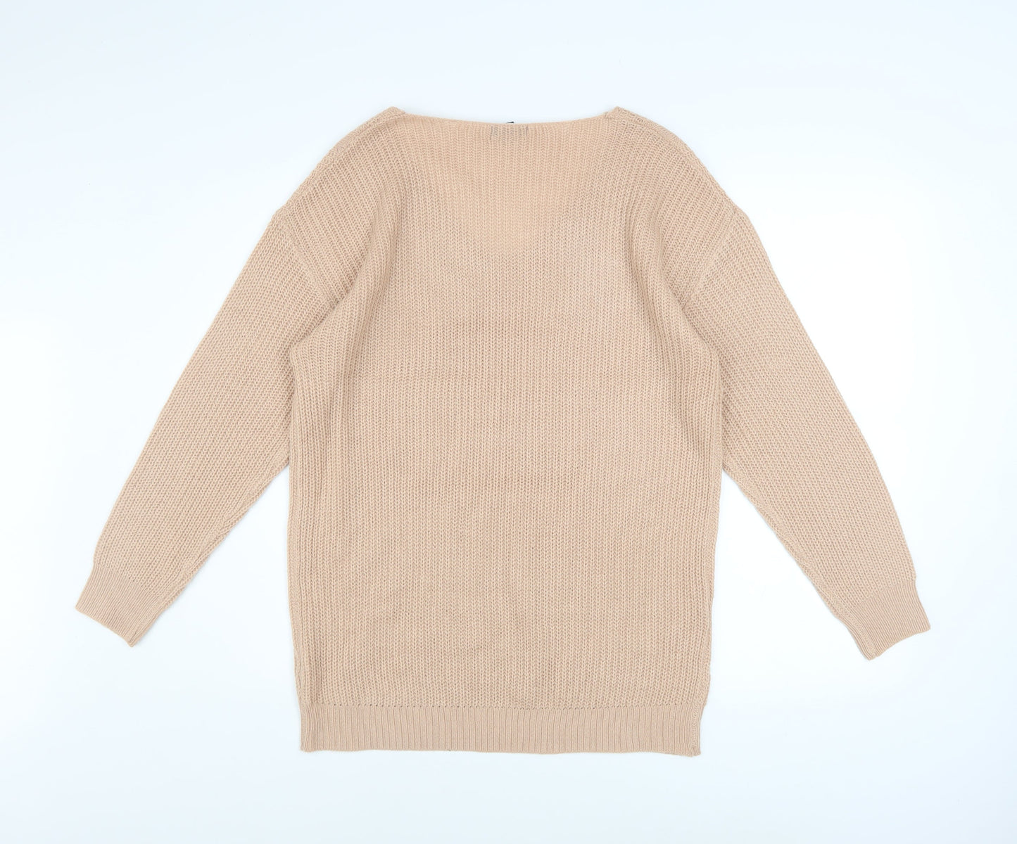 Boohoo Women Beige V-Neck Cable Knit Pullover Jumper Size M