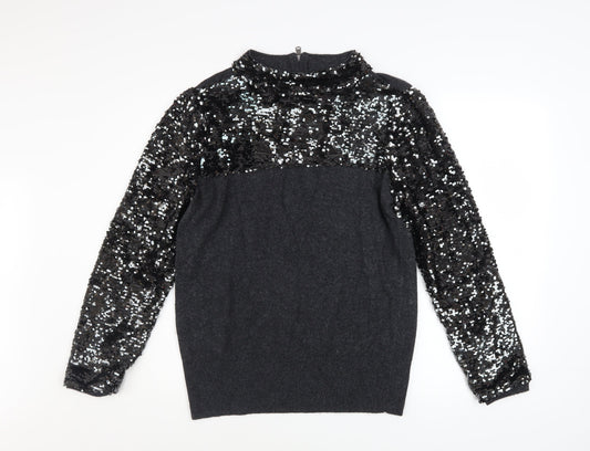 Mint Velvet Women Black Sequin Mock Neck Jumper Size 14