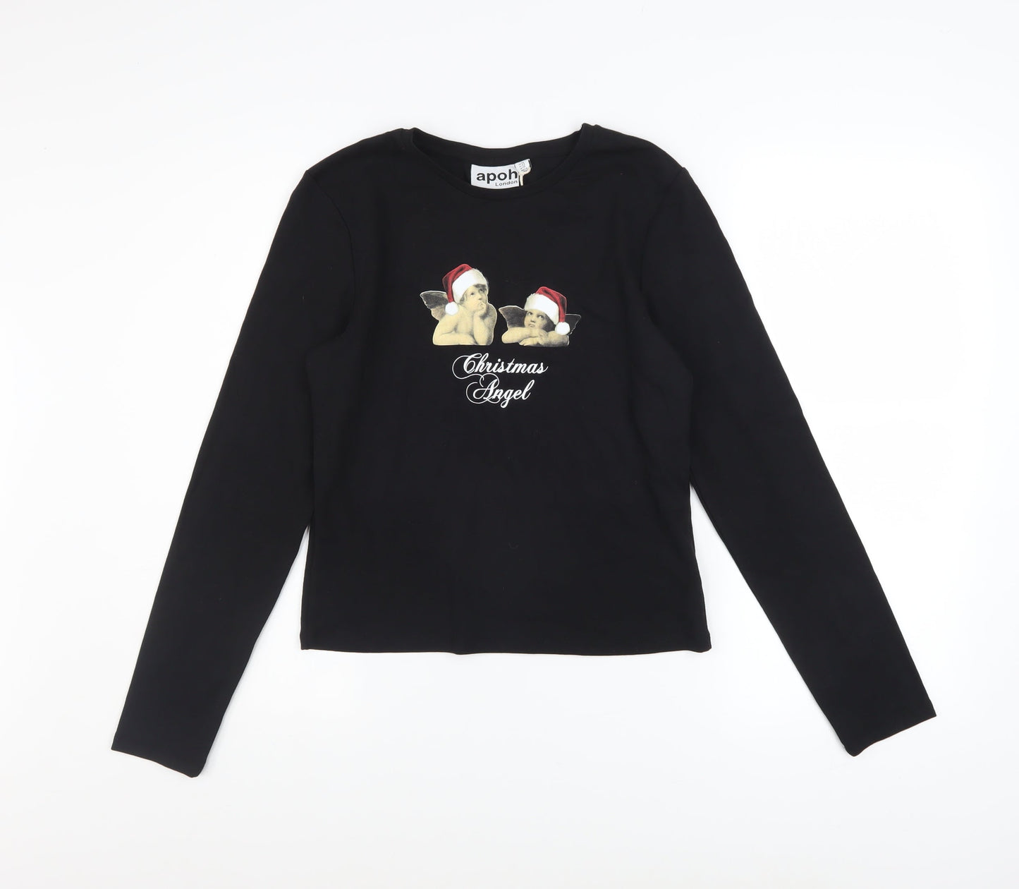 apoh London Women's Black Christmas Angel Long Sleeve Cotton T-Shirt Size 14