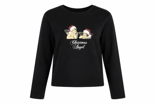 apoh London Women's Black Christmas Angel Long Sleeve Cotton T-Shirt Size 14