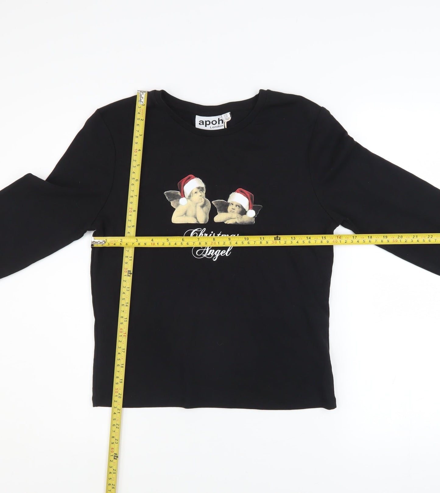 apoh London Women's Black Christmas Angel Long Sleeve Cotton T-Shirt Size 14
