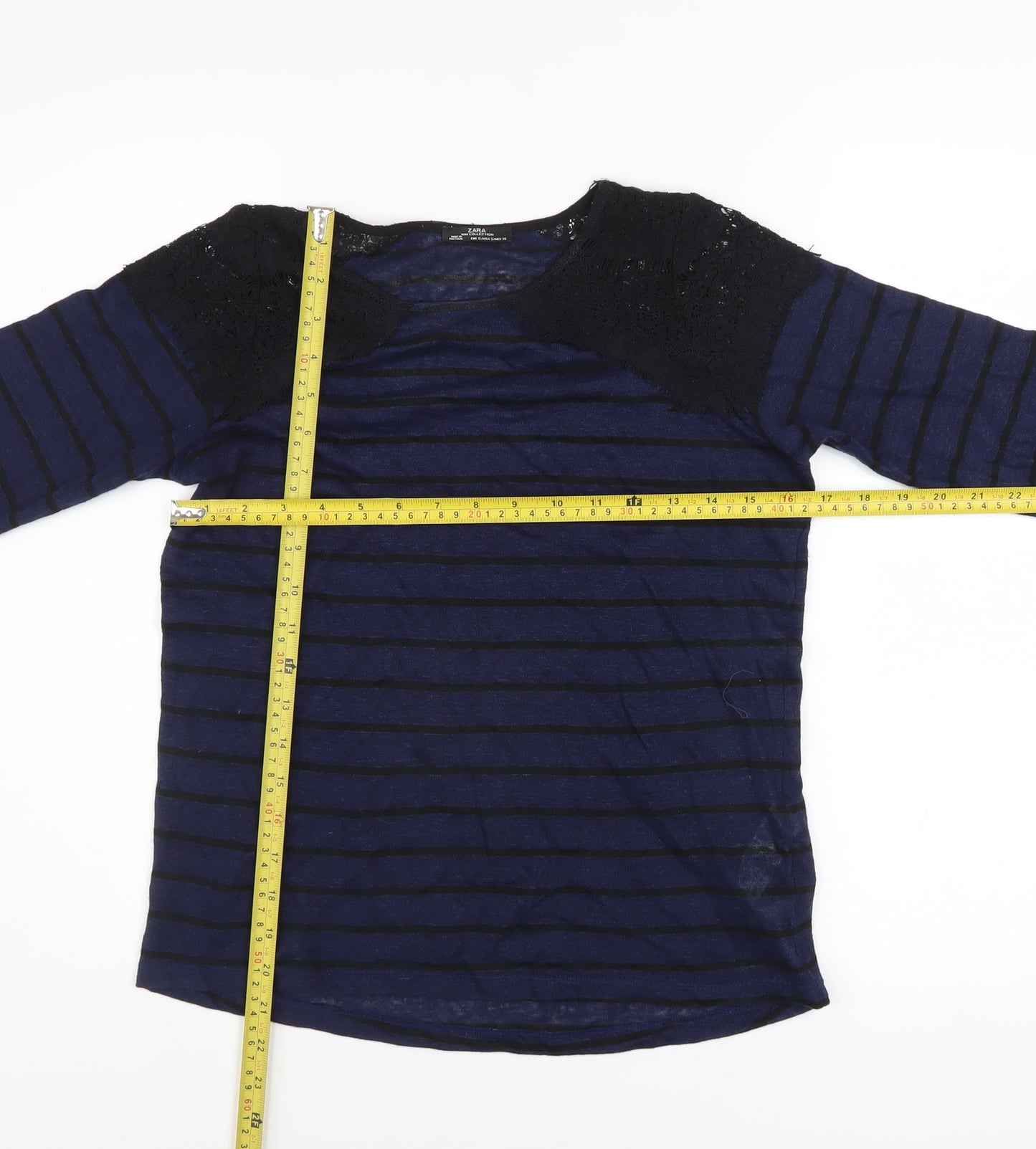 Zara Women Blue Striped Lace Shoulder Long Sleeve Jumper Size S