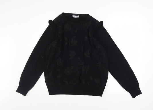 Marks and Spencer Women Black Embroidered Ruffle Jumper Size 14