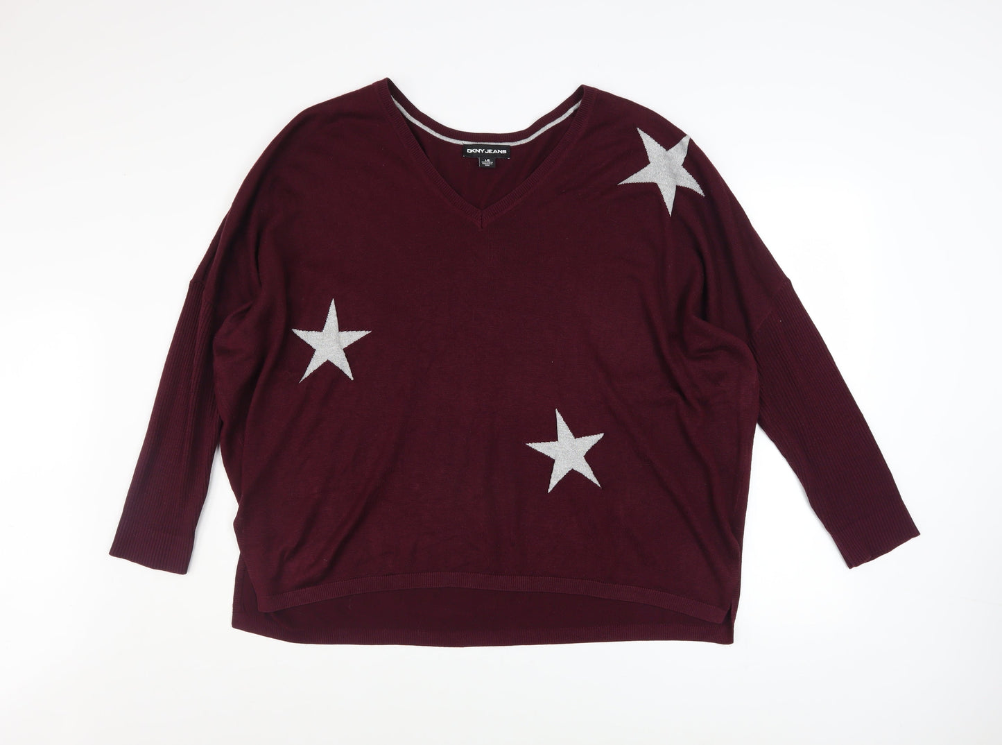 DKNY Jeans Womens Red Star Pattern V-Neck Relaxed Knit Jumper Size L