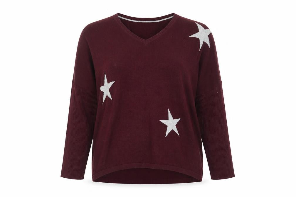 DKNY Jeans Womens Red Star Pattern V-Neck Relaxed Knit Jumper Size L