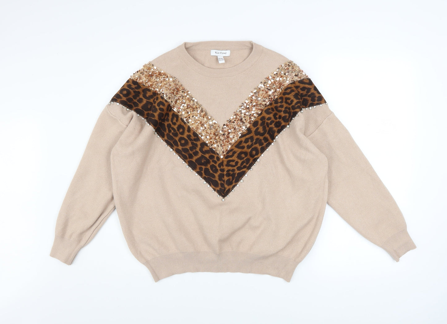 Wild Flower Women’s Beige Leopard Sequin Pullover Jumper M/L