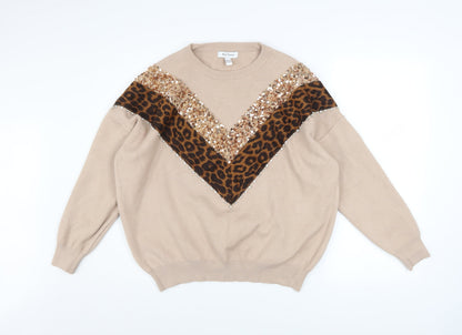 Additional front view of Wild Flower Women’s Beige Leopard Sequin jumper M/L
