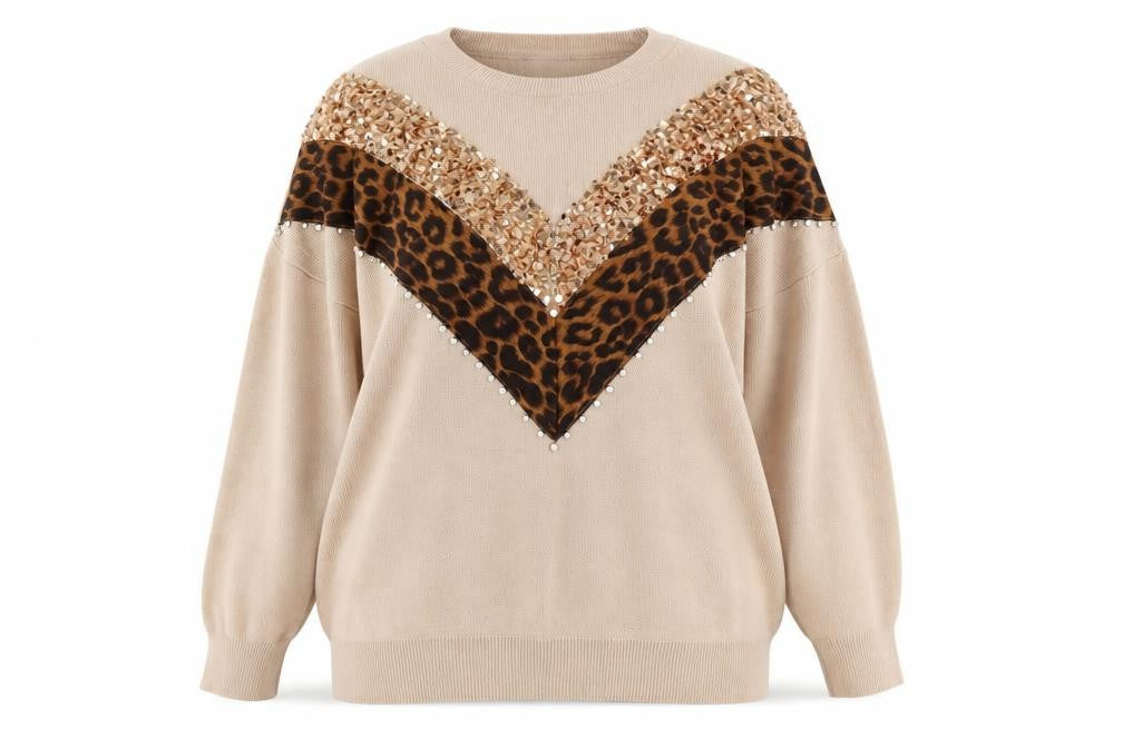 Wild Flower Women’s Beige Leopard Sequin Pullover Jumper M/L