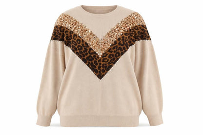 Front view of Wild Flower Women’s Beige Leopard Sequin jumper M/L