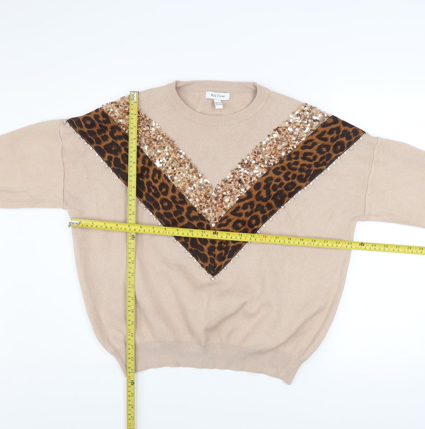 Wild Flower Women’s Beige Leopard Sequin Pullover Jumper M/L