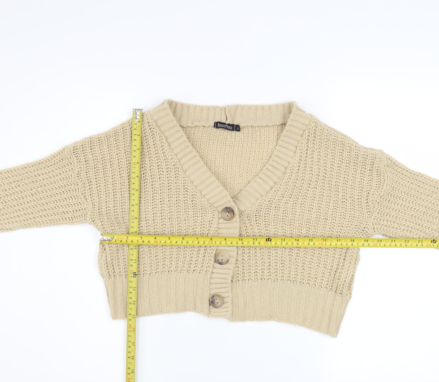 Boohoo Women Beige Chunky Knit V-Neck Cardigan Size S