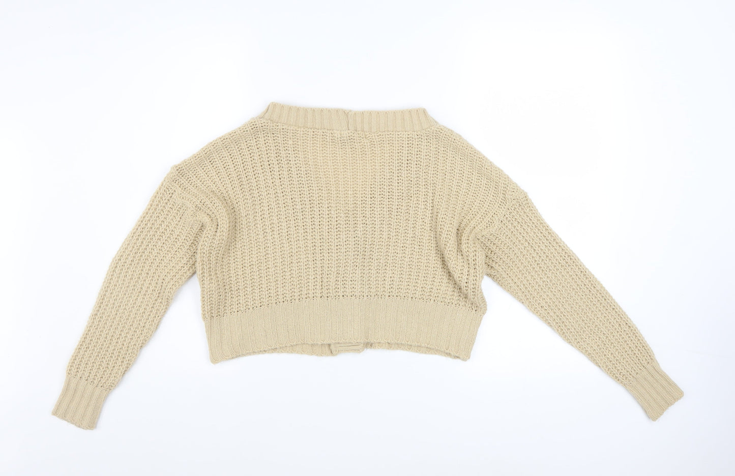 Boohoo Women Beige Chunky Knit V-Neck Cardigan Size S