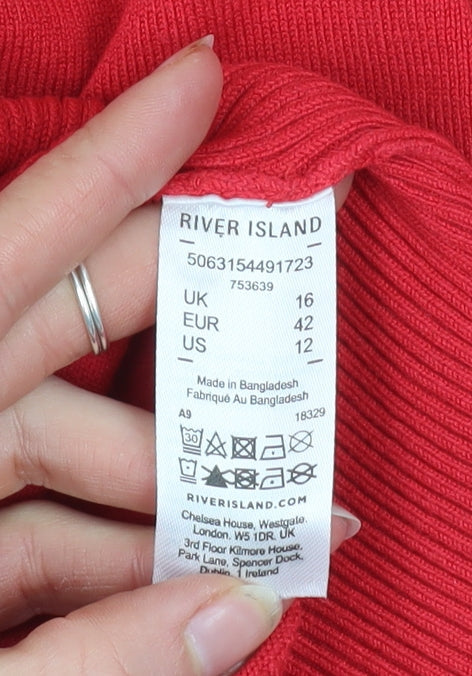 River Island Women's Red High Neck Puff Sleeve Jumper Size 16