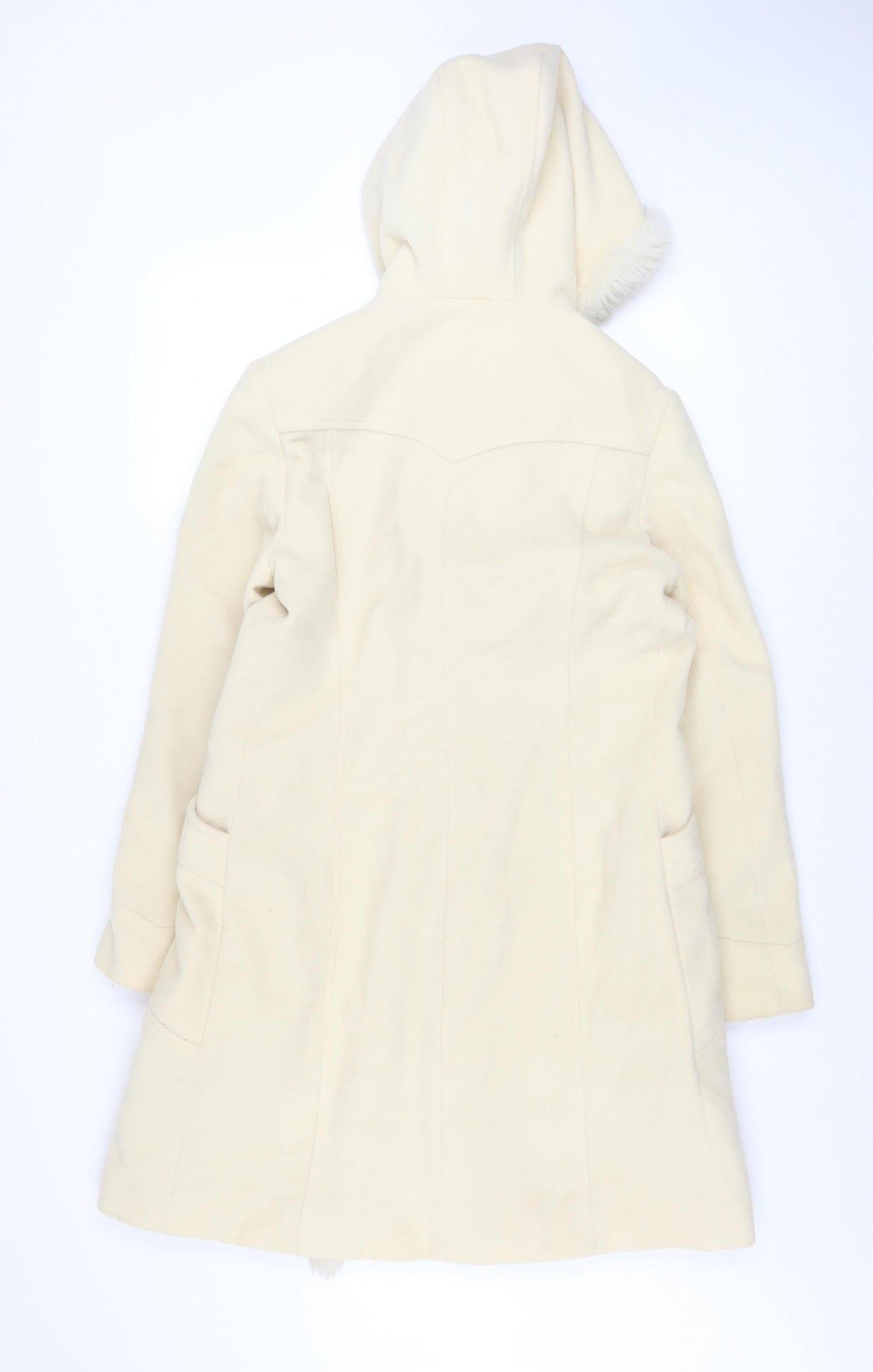 LOOK Women Ivory Wool Blend Faux Fur Trim Hooded Duffle Coat Size 14