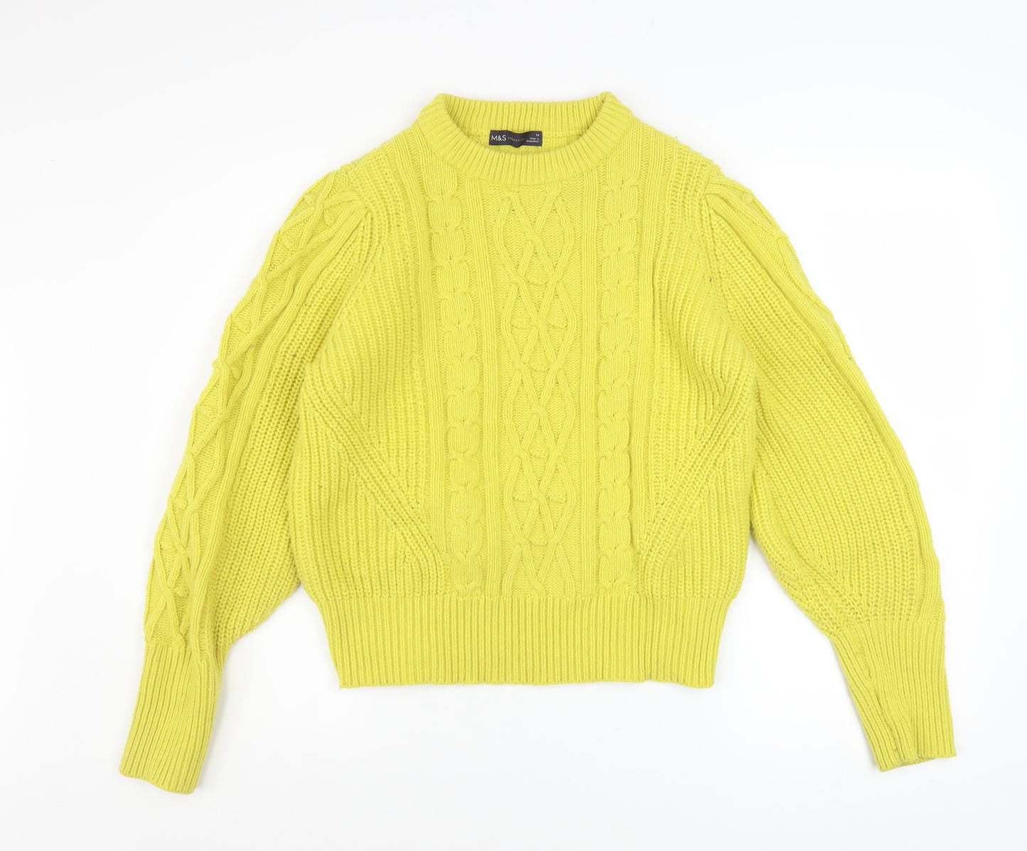 Marks and Spencer Womens Yellow Cable-Knit Pullover Jumper Size 14