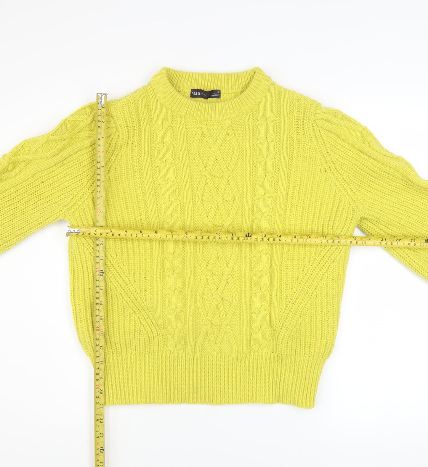 Marks and Spencer Womens Yellow Cable-Knit Pullover Jumper Size 14
