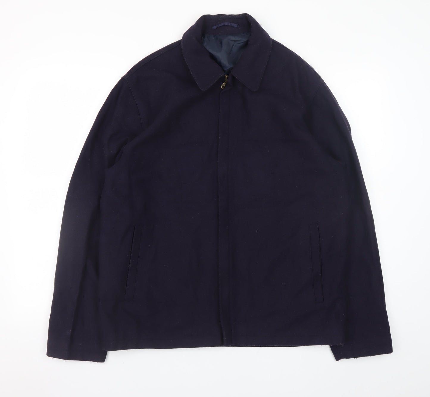 David Moss Men's Blue Wool Blend L Jacket Zip Up Mid-Length Casual Coat