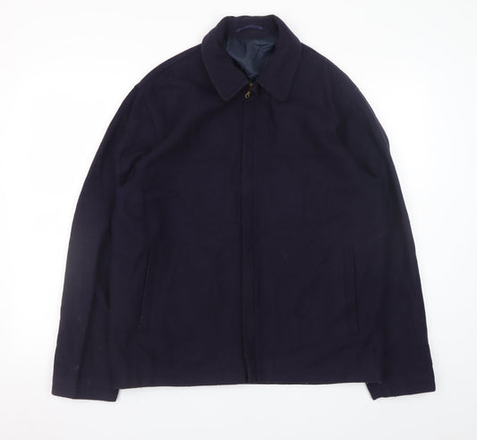 David Moss Men's Blue Wool Blend L Jacket Zip Up Mid-Length Casual Coat
