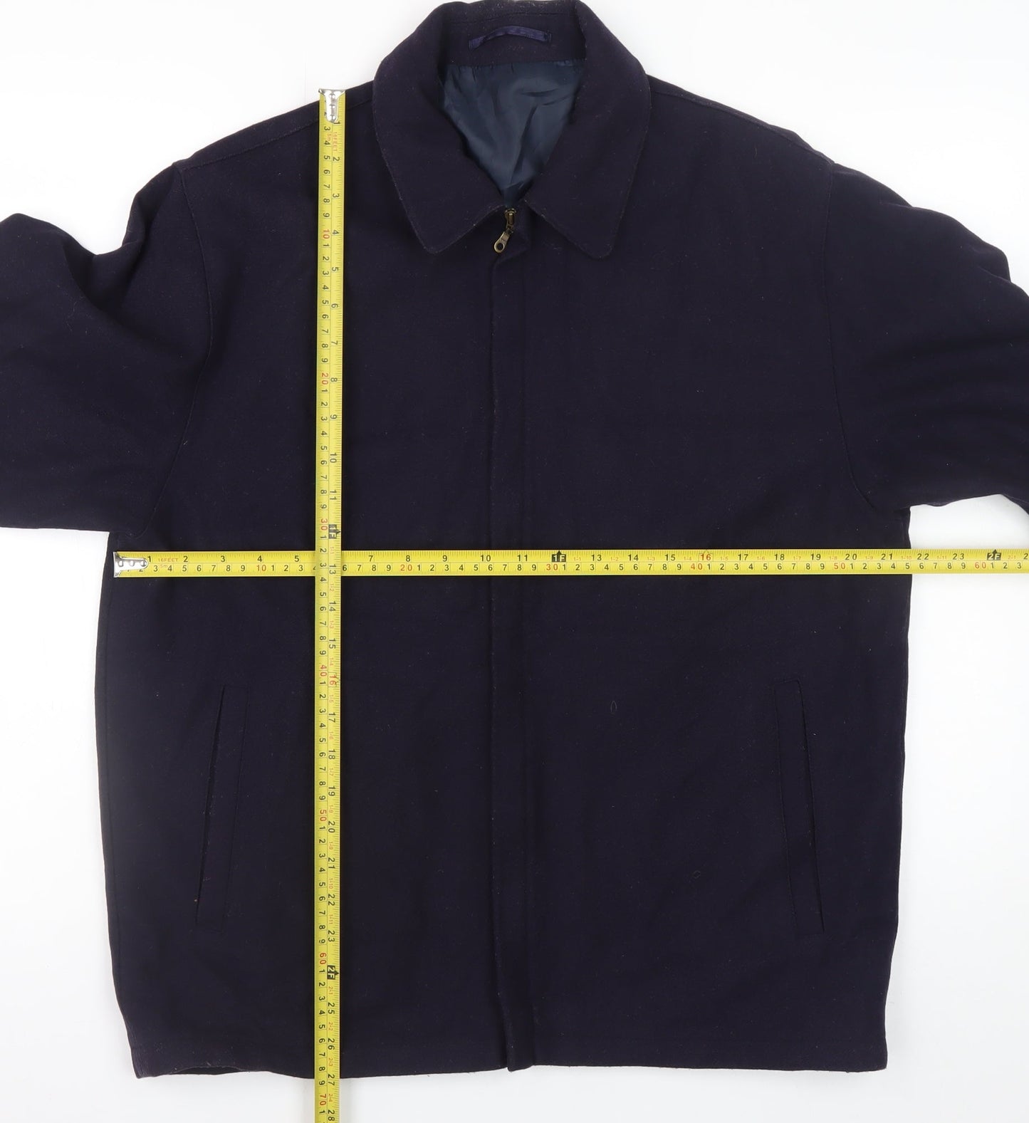 David Moss Men's Blue Wool Blend L Jacket Zip Up Mid-Length Casual Coat