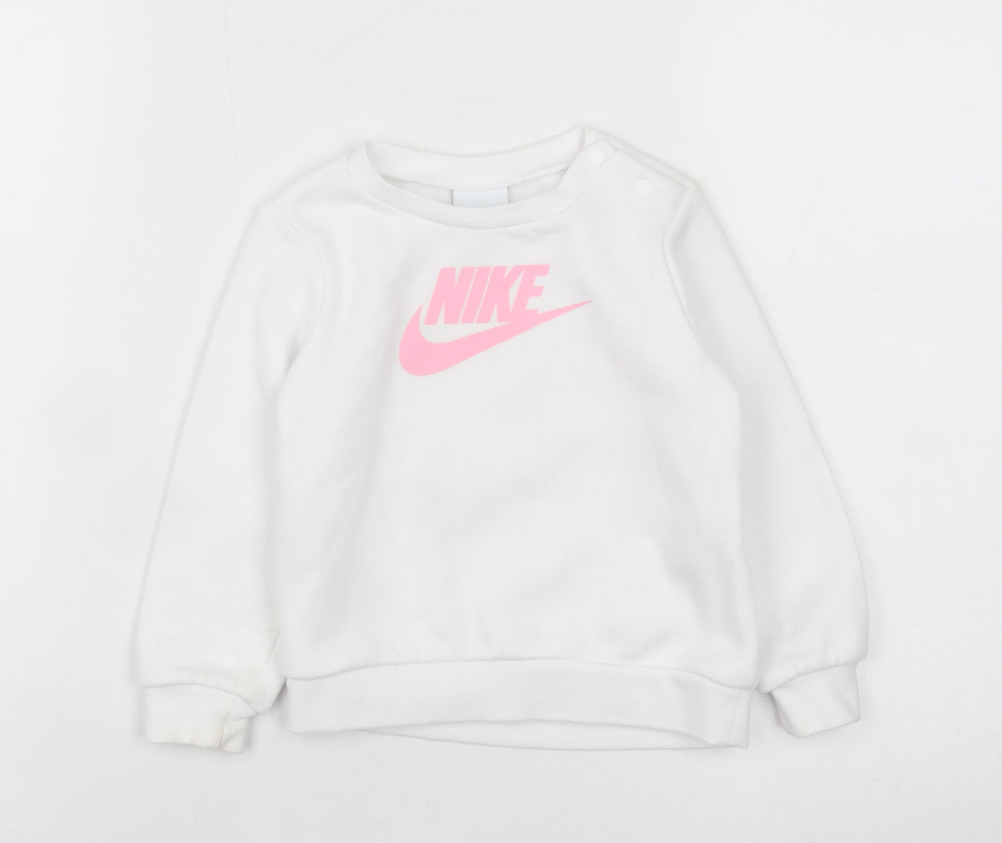 Nike Girls White Pink Logo Pullover Sweatshirt 2 Years Fleece Cotton Blend