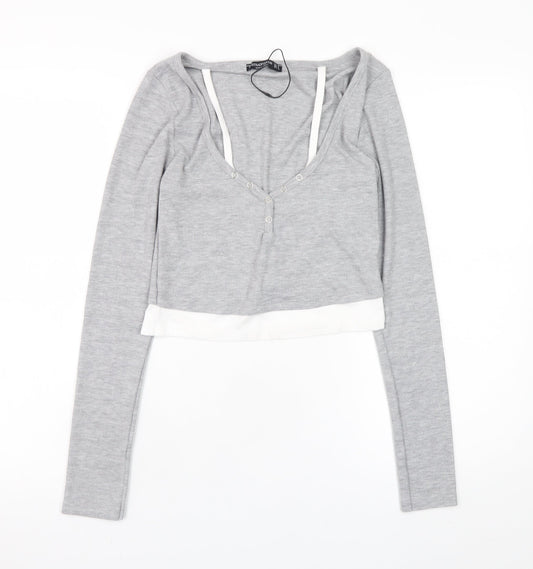Stradivarius Women’s Grey Cropped Long Sleeve V-Neck Button T-Shirt Size 12
