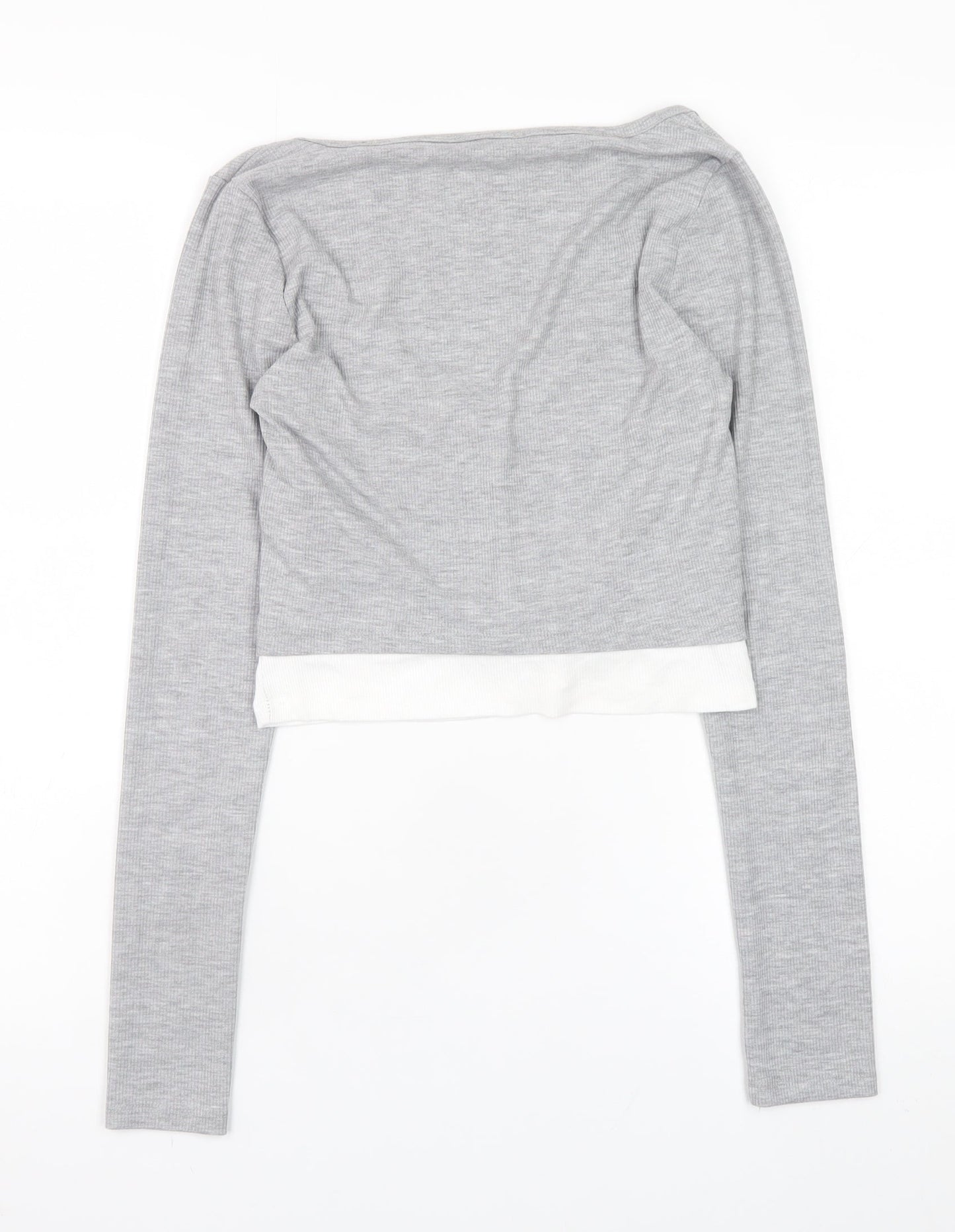 Stradivarius Women’s Grey Cropped Long Sleeve V-Neck Button T-Shirt Size 12