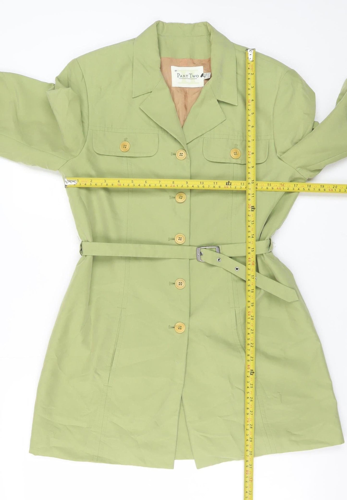 Part Two Women Green Cotton Belted Trench Coat Size 12