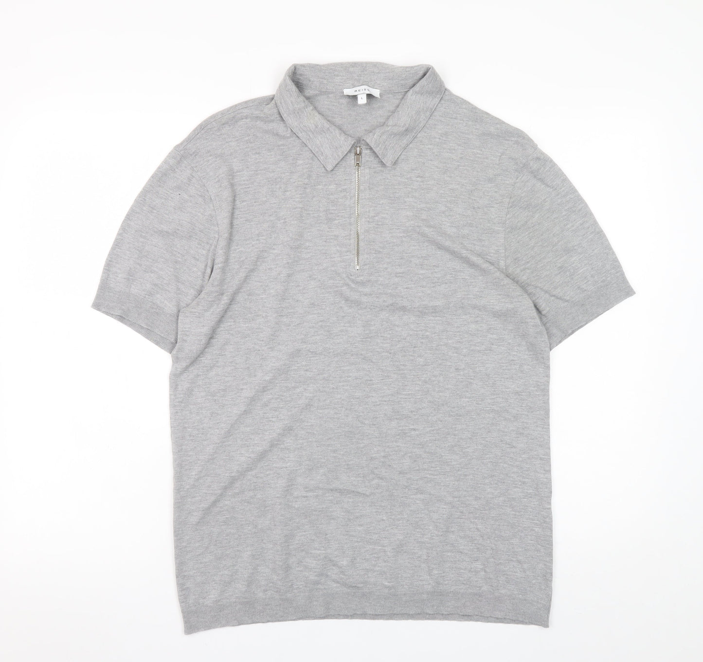 Reiss Men's Grey Collared Half Zip Cotton Jersey T-Shirt Size L