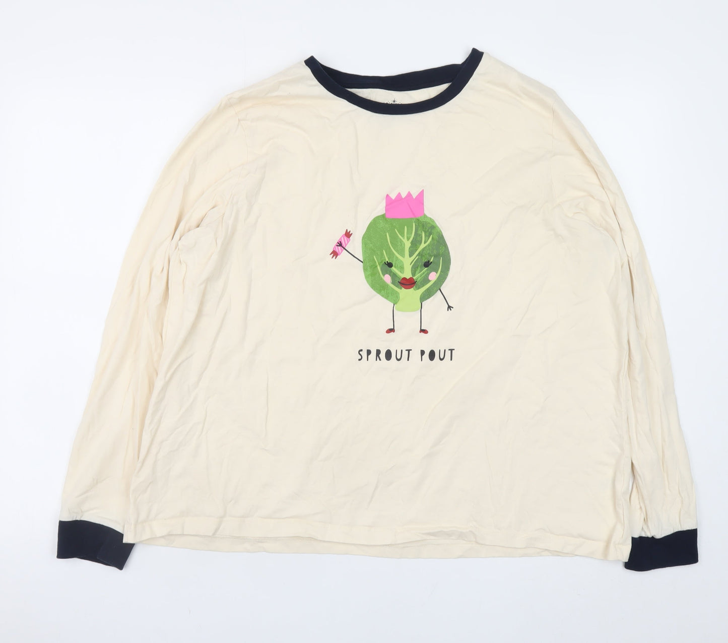 Matalan Women’s Beige Christmas Sprout Pout Long Sleeve Ringer T-Shirt XL