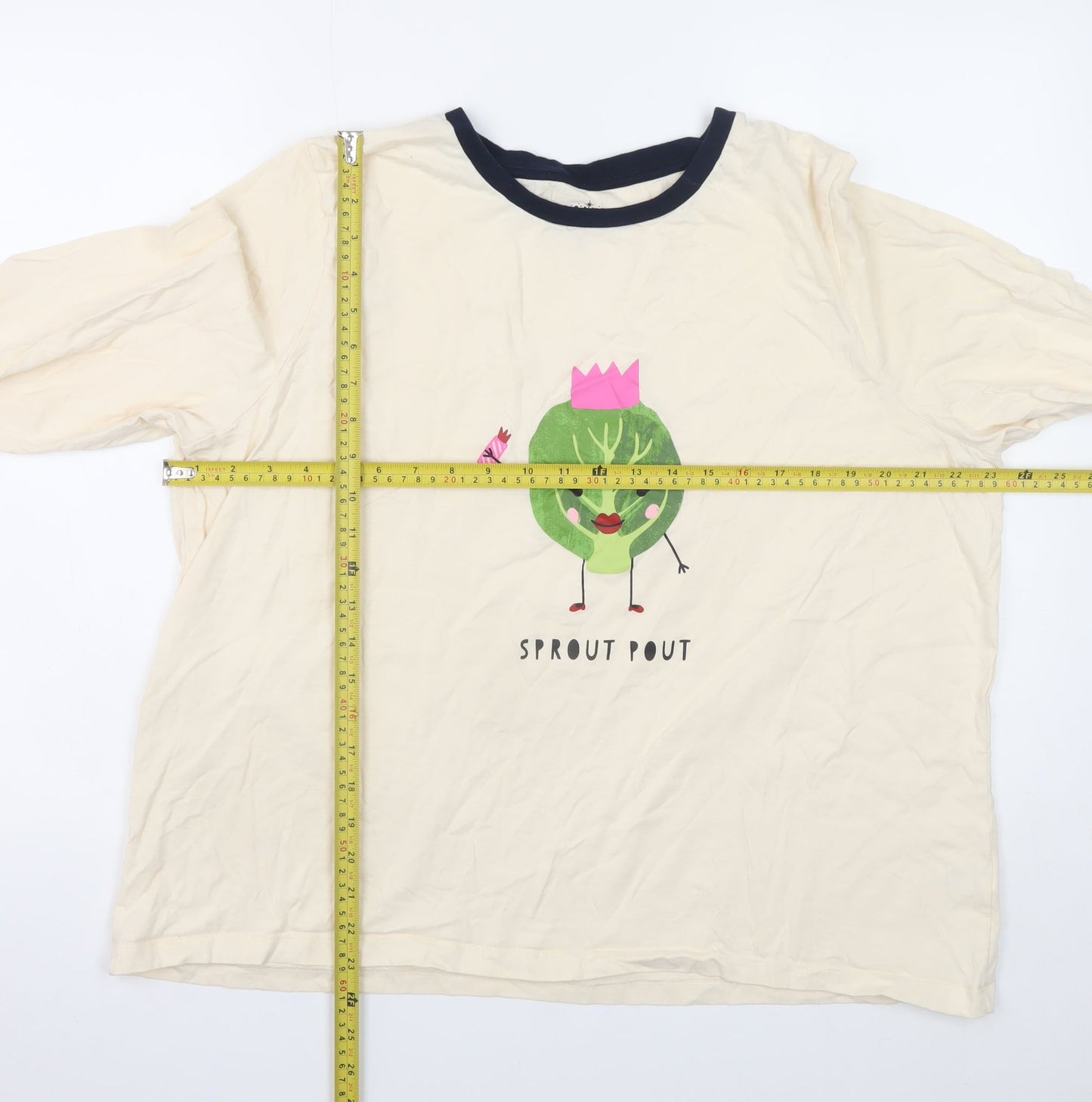 Matalan Women’s Beige Christmas Sprout Pout Long Sleeve Ringer T-Shirt XL