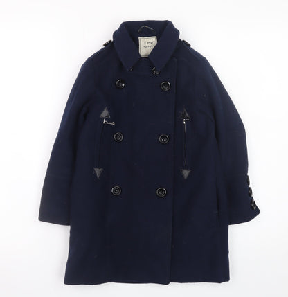 Additional front view of Next girls’ blue double-breasted pea coat age 6 years lined button-up