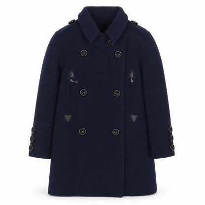 Front view of Next girls’ blue double-breasted pea coat age 6 years lined button-up