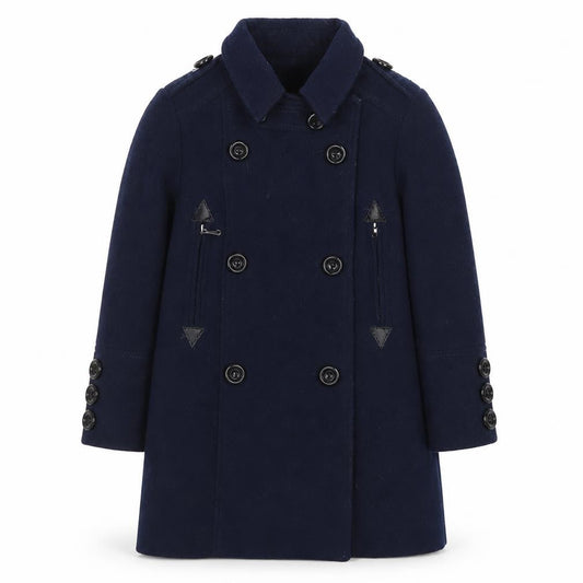 Front view of Next girls’ blue double-breasted pea coat age 6 years lined button-up