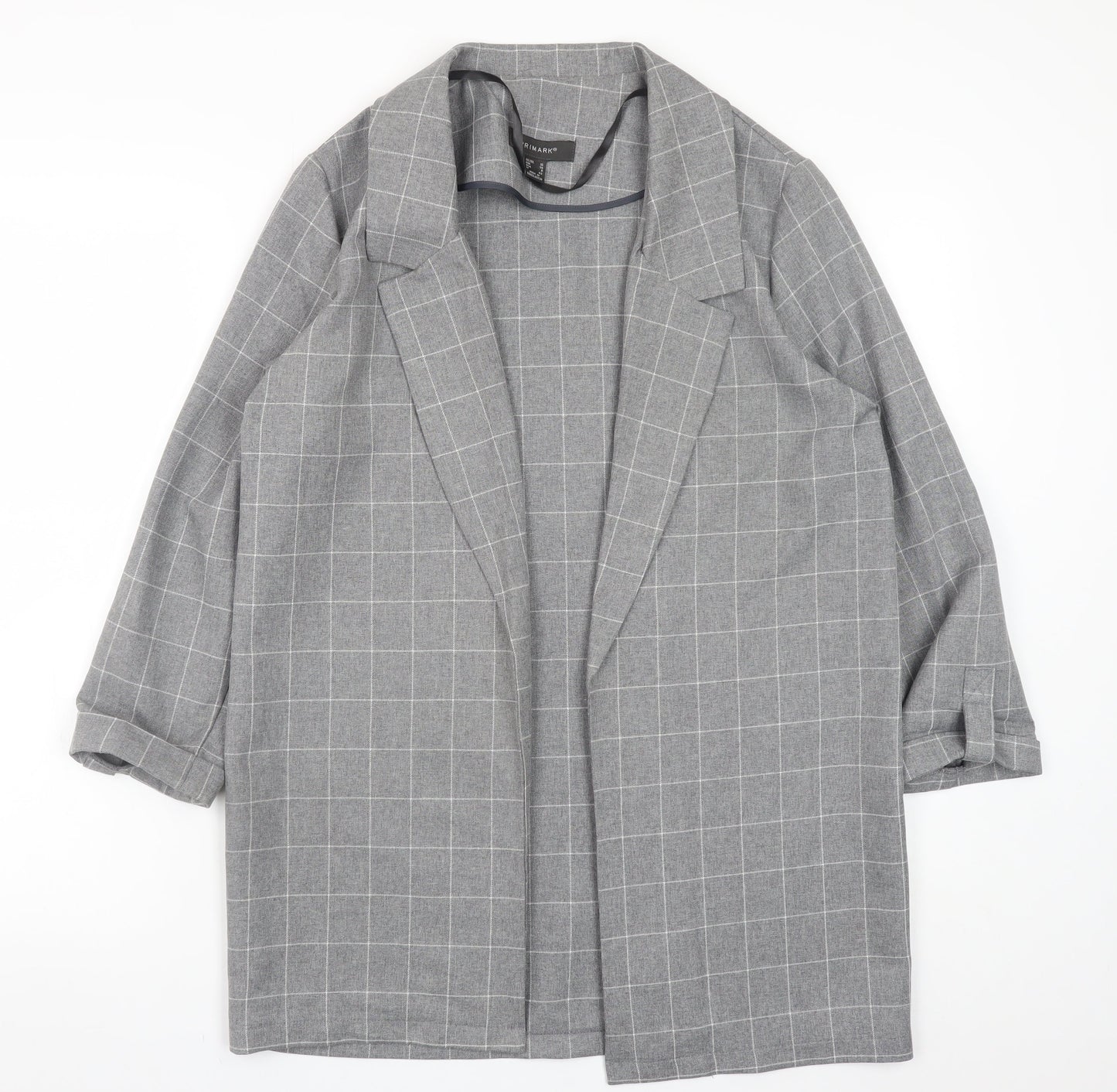 Primark Women's Grey Check Blazer Size 10 Regular Fit Mid-Length