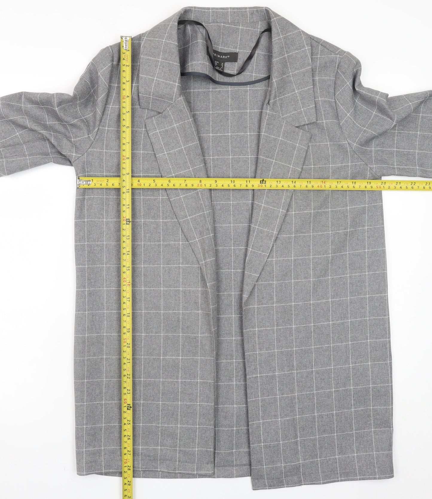 Primark Women's Grey Check Blazer Size 10 Regular Fit Mid-Length