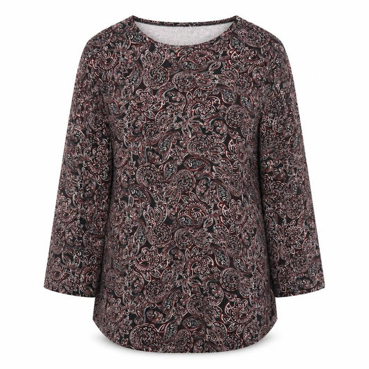Front view of Papaya Women’s Black Red Paisley Long Sleeve Tunic Top, size L