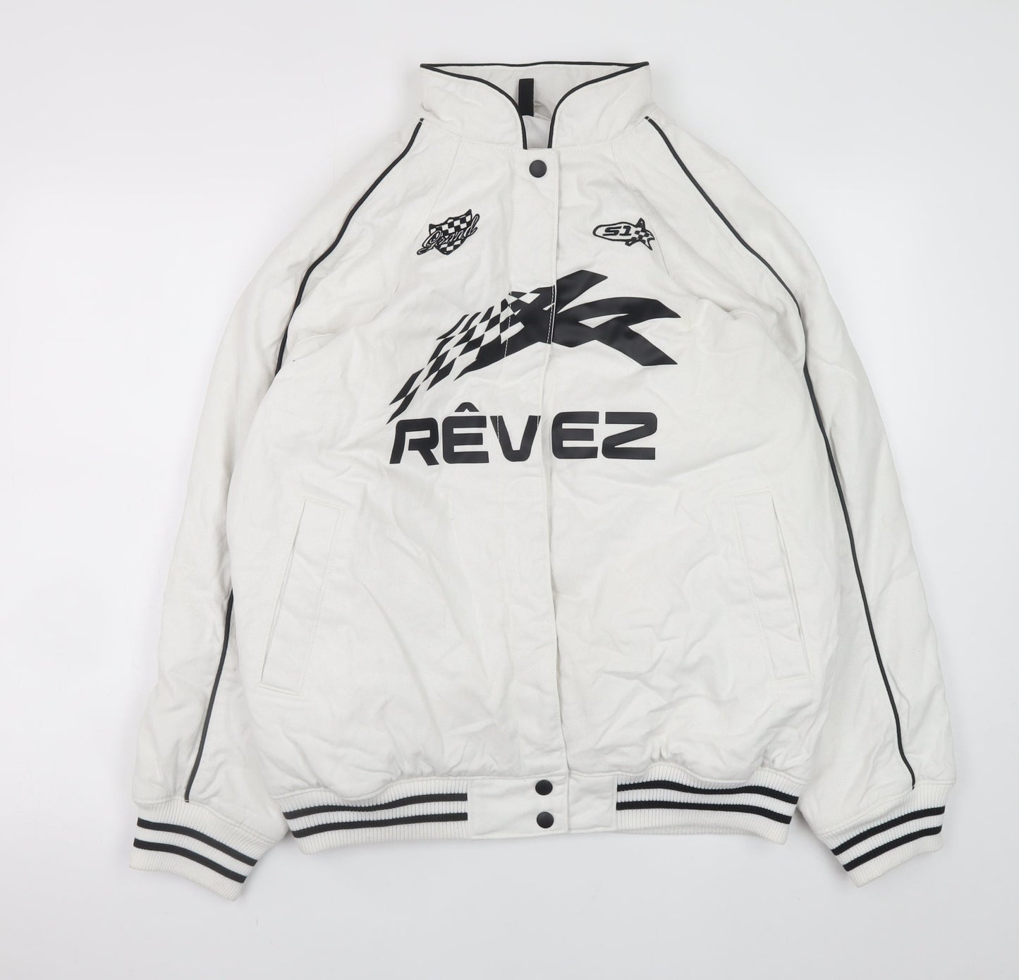 H&M Men’s White Racing Bomber Jacket XS Cotton Full Zip Retro Style