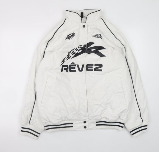 H&M Men’s White Racing Bomber Jacket XS Cotton Full Zip Retro Style
