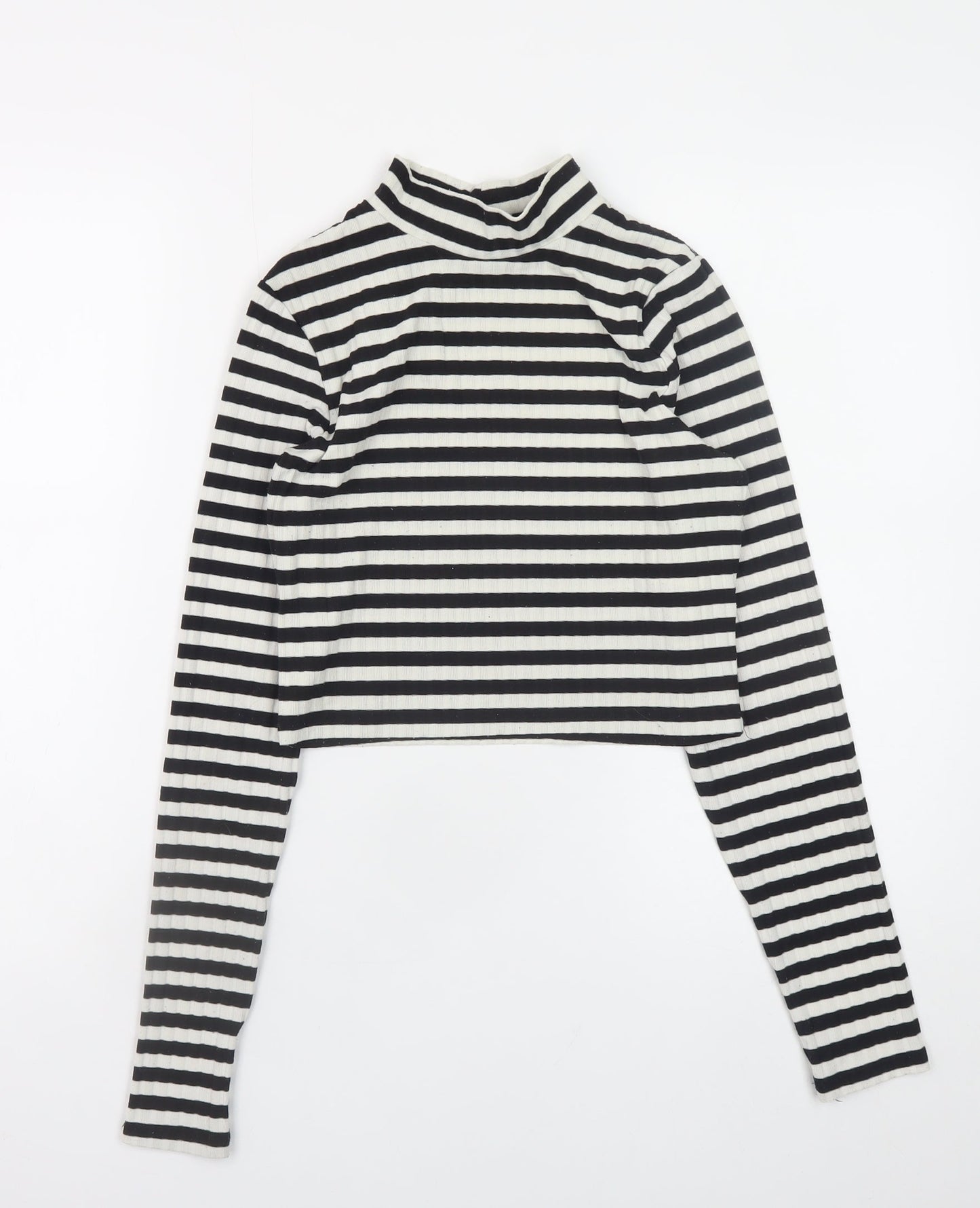 H&M Womens Black White Striped Cropped Long Sleeve Mock Neck Top Size S