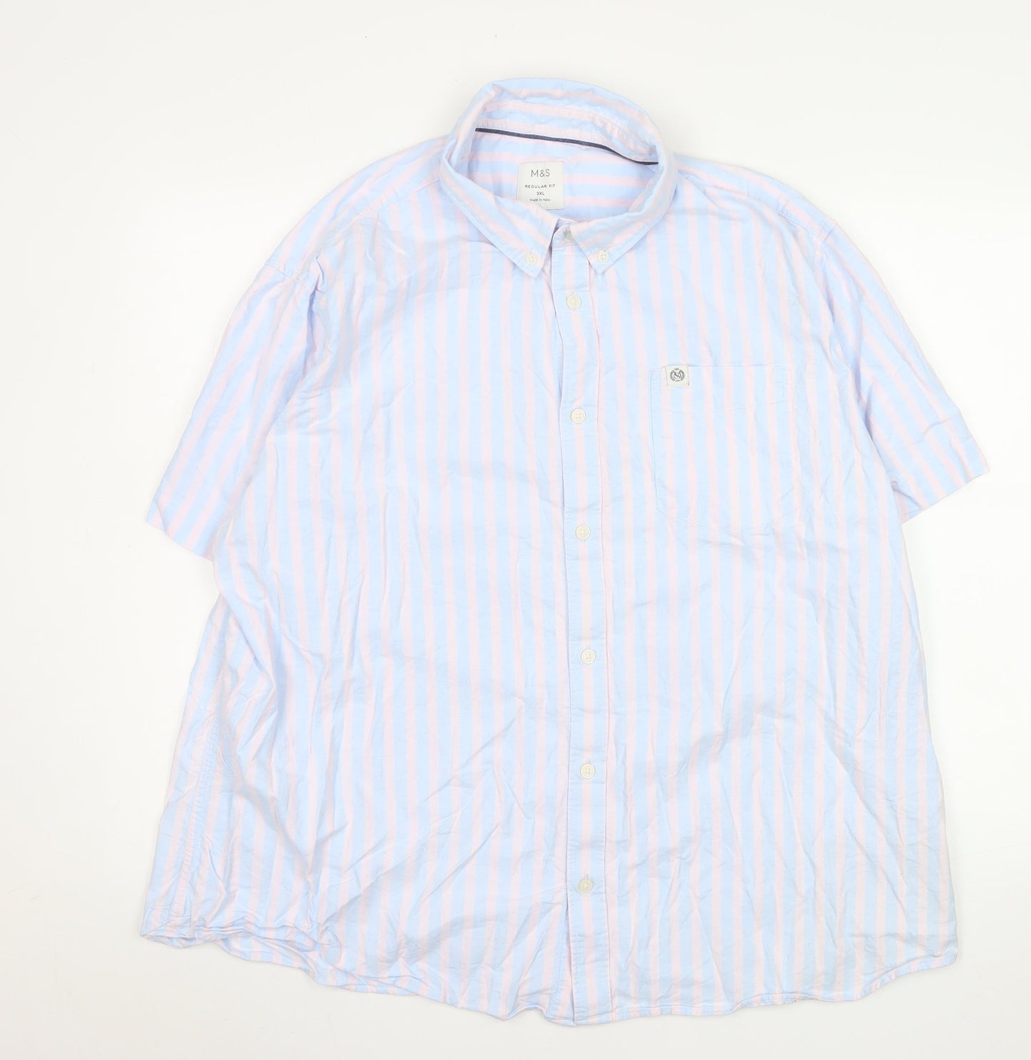 Marks and Spencer Men's Blue Pink Striped Short Sleeve Button-Up Shirt 3XL