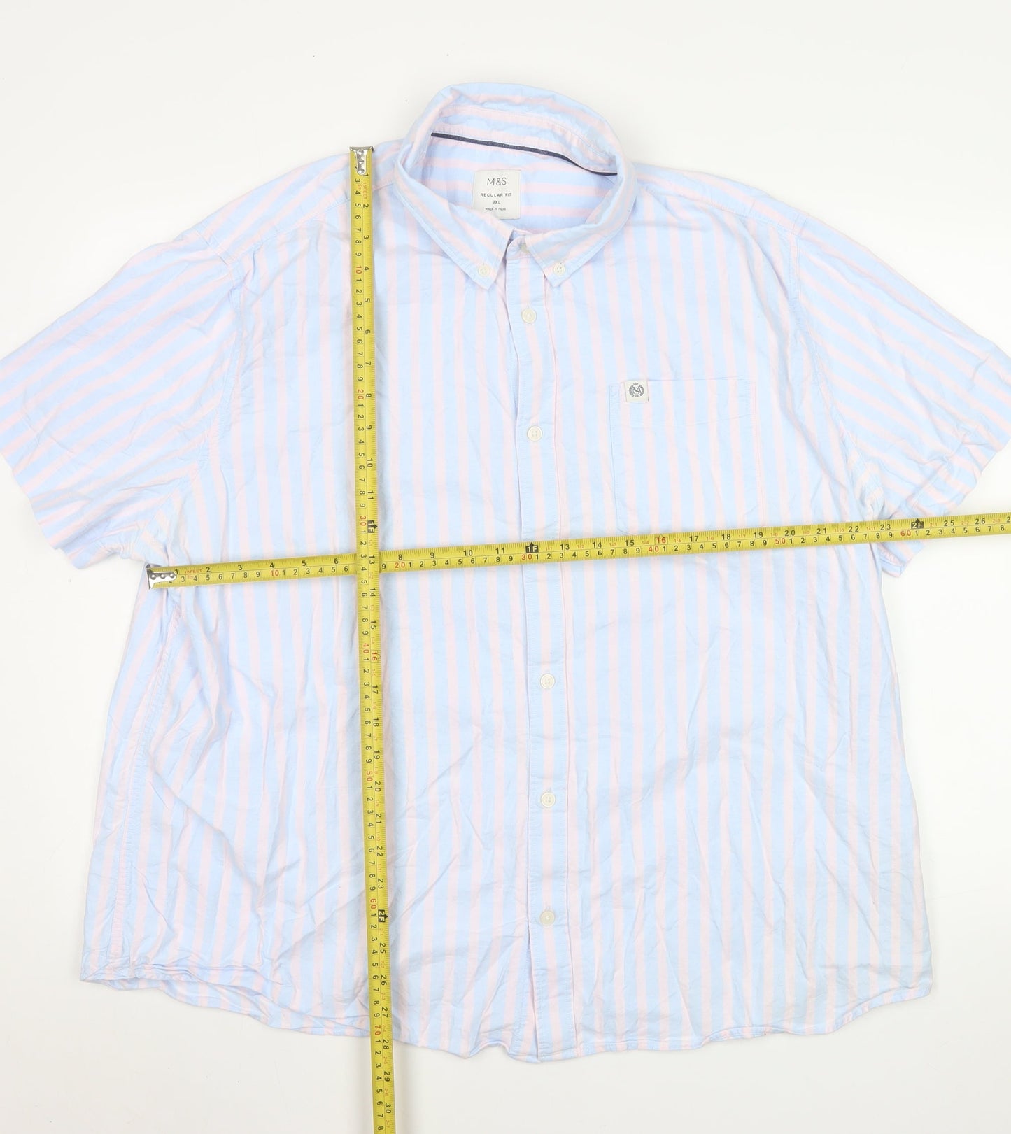 Marks and Spencer Men's Blue Pink Striped Short Sleeve Button-Up Shirt 3XL