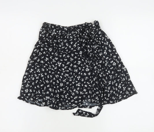 Zara Women Black Floral Wrap Short Skirt Size S Viscose