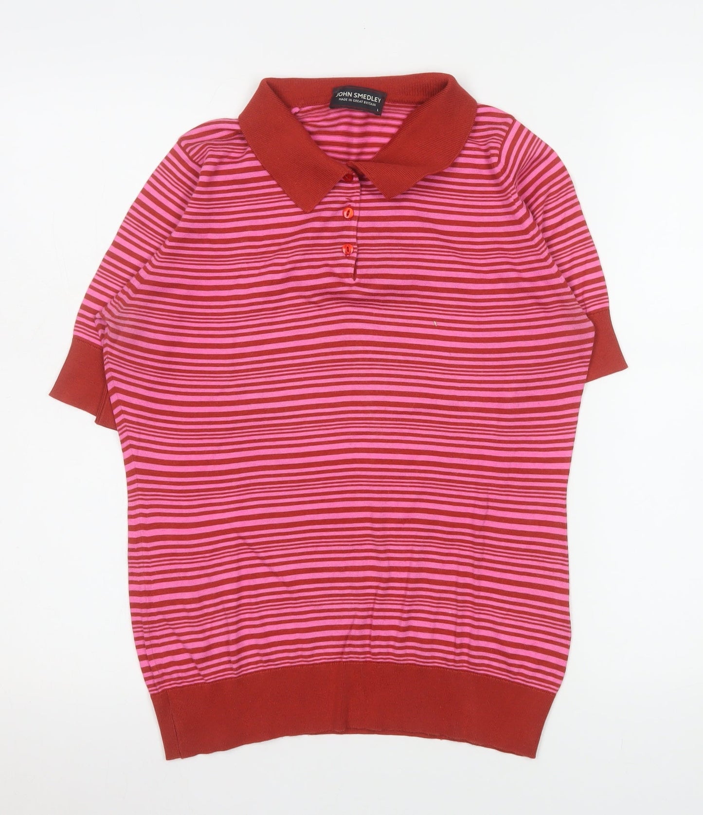 John Smedley Women's Red Striped Sea Island Cotton Polo Top L