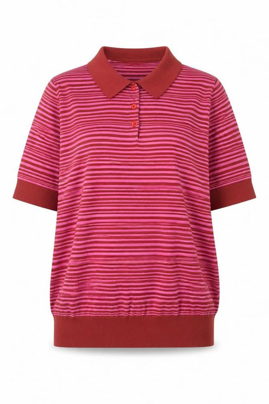 John Smedley Women's Red Striped Sea Island Cotton Polo Top L