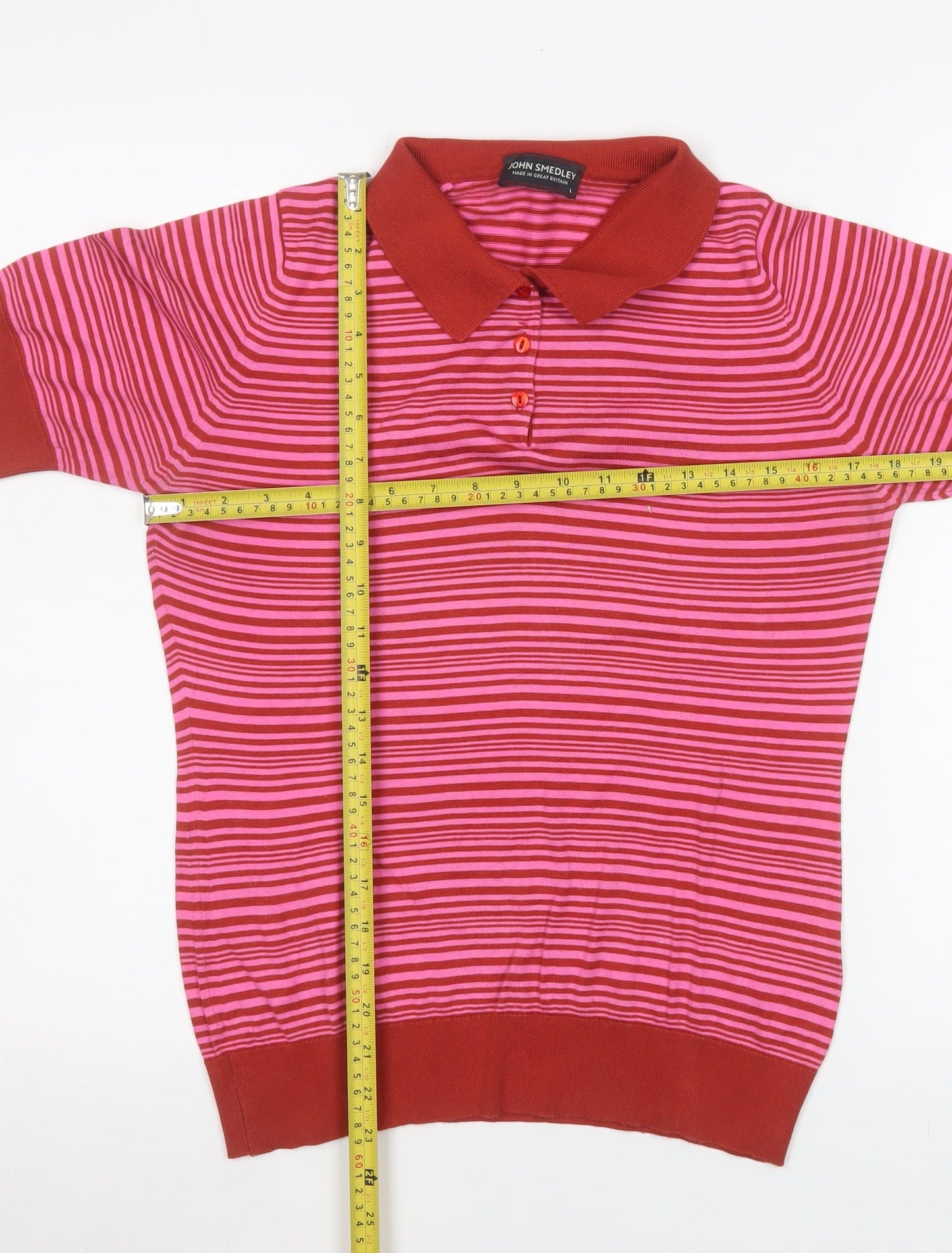 John Smedley Women's Red Striped Sea Island Cotton Polo Top L