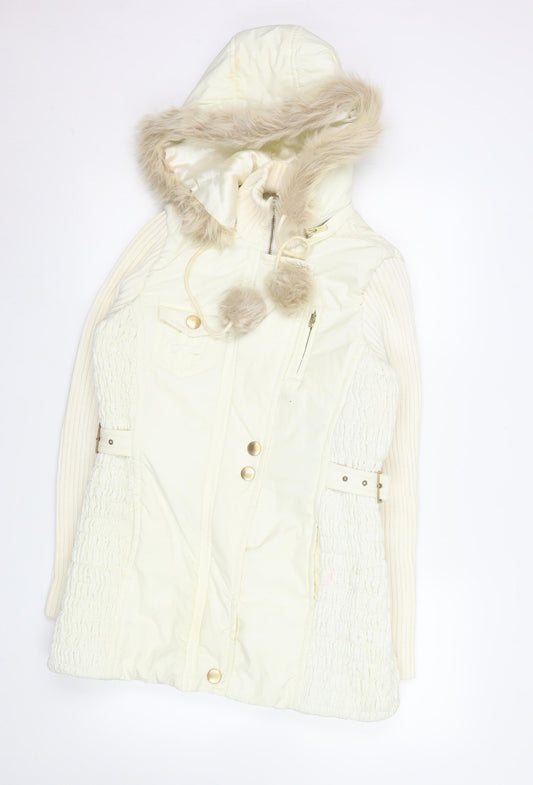 Next Women Ivory Faux Fur Hooded Belted Parka Coat UK 10