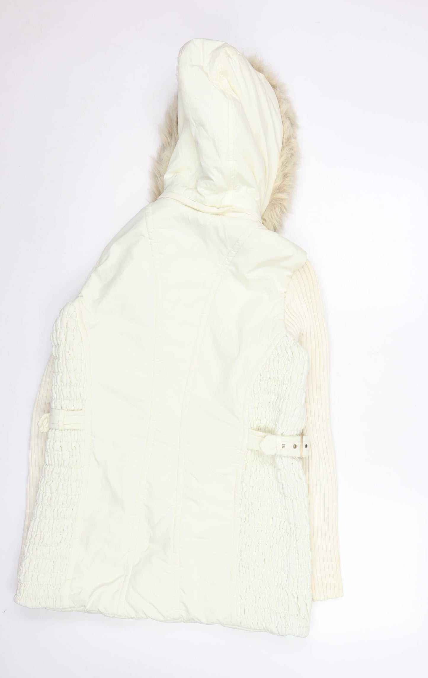 Next Women Ivory Faux Fur Hooded Belted Parka Coat UK 10