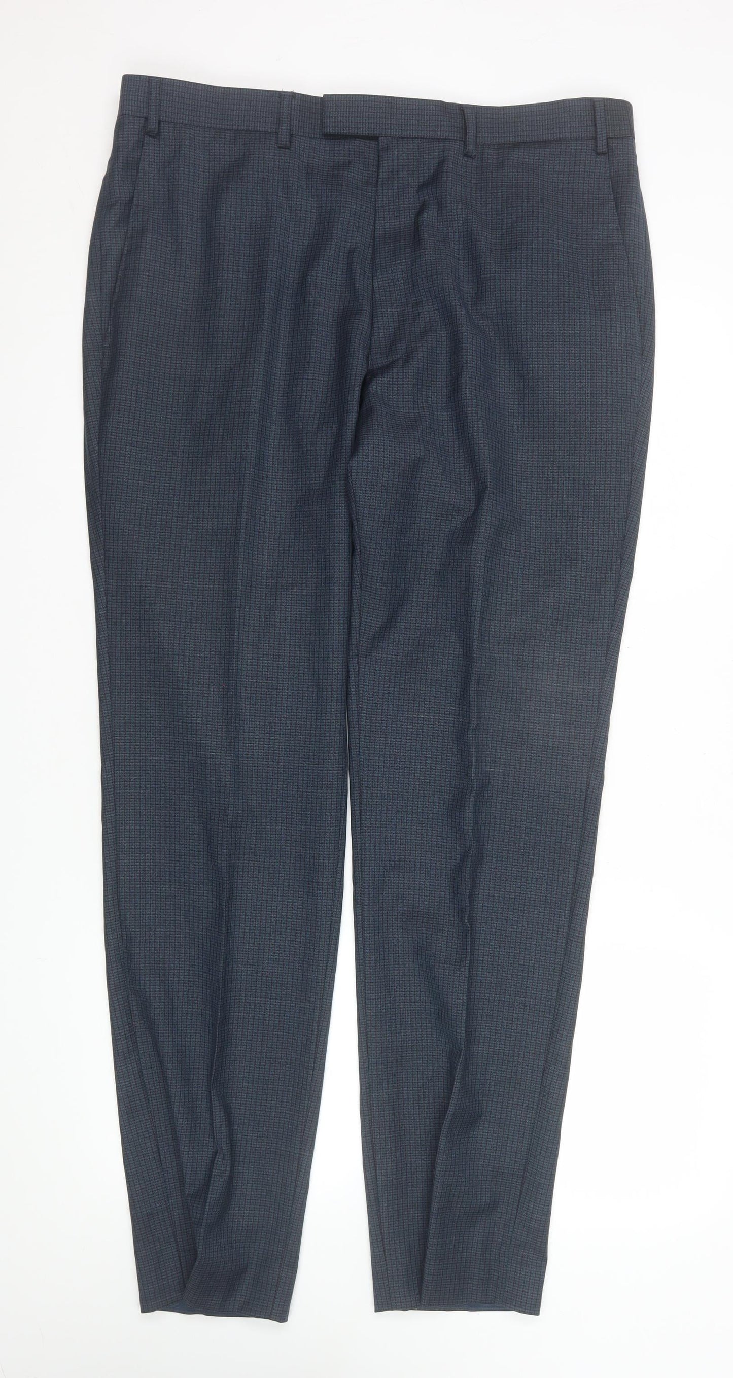 Kin by John Lewis Men's Blue Check Wool Blend Dress Trousers Size 36L