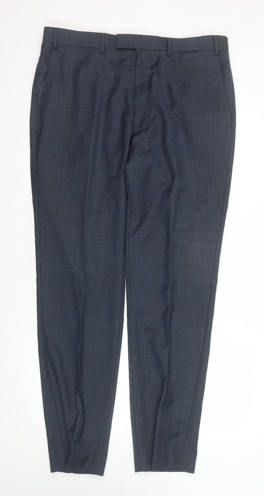 Kin by John Lewis Men's Blue Check Wool Blend Dress Trousers Size 36L